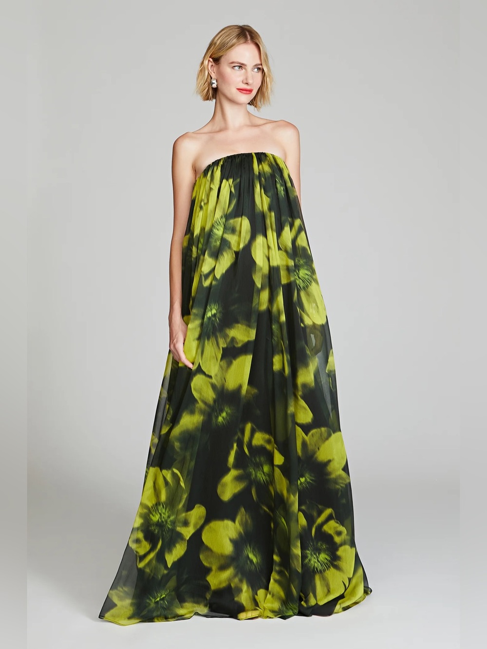 Halston Claudette Black and Lime Strapless Floral Maxi Dress